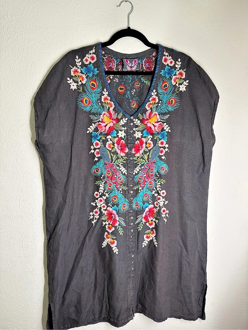 Johnny Was Gray Floral Peacock Feather Embroidered Linen Tunic Dress